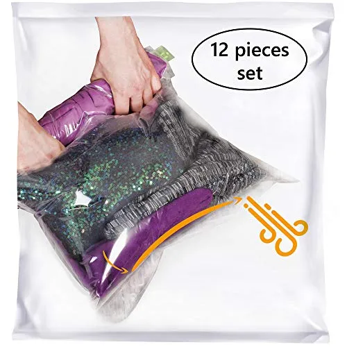 12 Travel Storage Bags for Clothes - Compression Bags for Travel - No Vacuum or Pump Sacks-Save Space in your Luggage Accessories