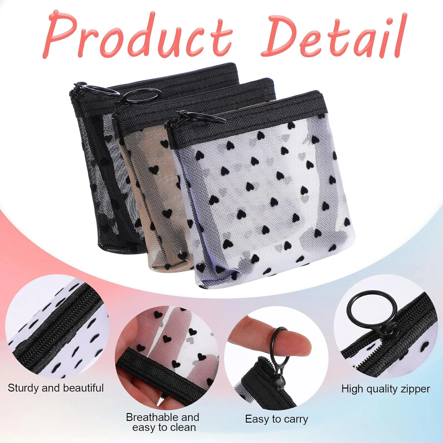 3Pcs Mini Cosmetic Bags, Heart Print Mini Zipper Mesh Bags, Lipstick Cosmetic Accessories Organizer, Zipper Mesh Cosmetic Bag for Women, Small Makeup Bag for Purse, Style 3