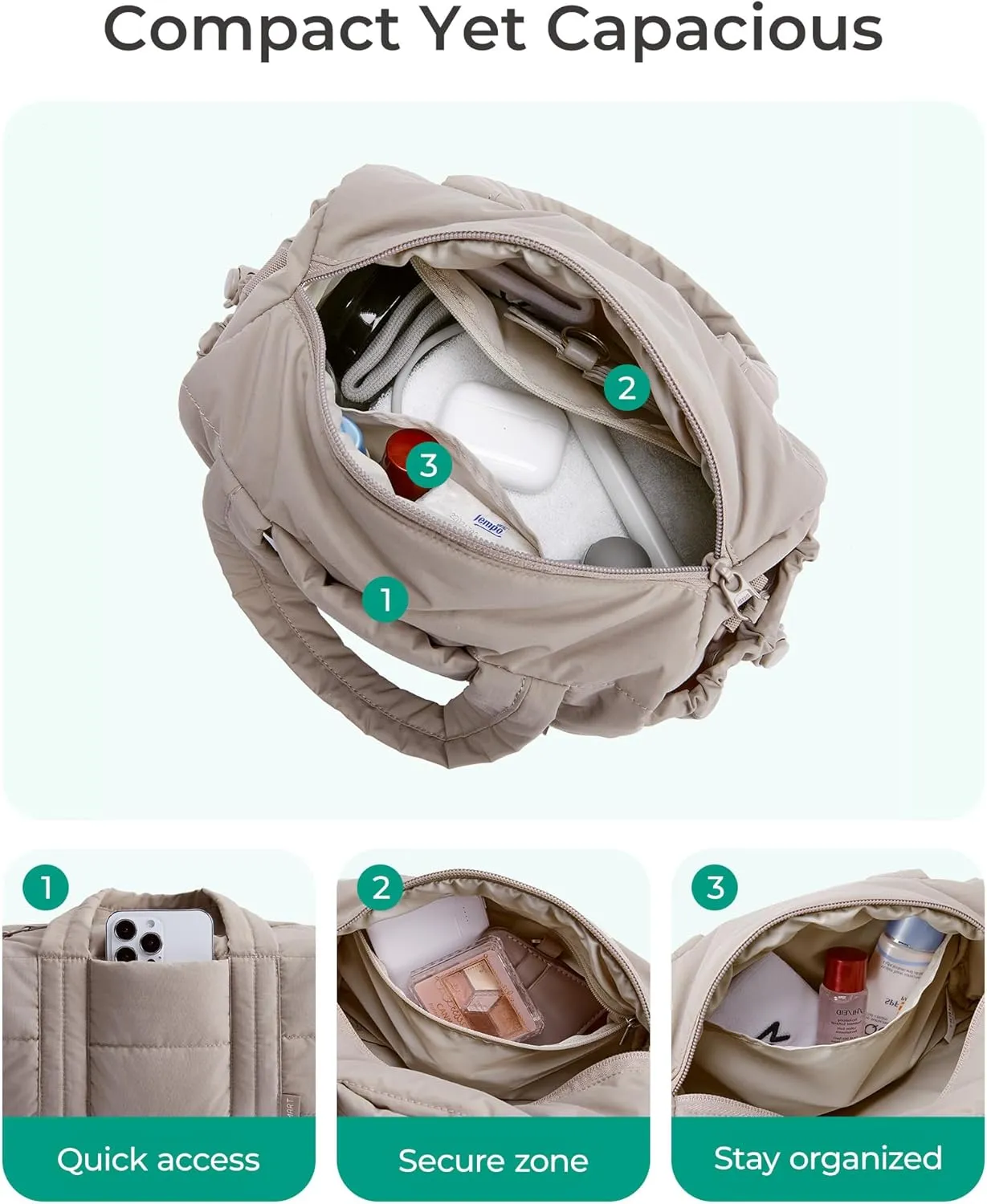 BAGSMART Mini Gym Bag for Women, Small Duffle Bag with Detachable Strap, Small Crossbody Bags for Women, Puffy Quilted Shoulder Bag, Sand Brown