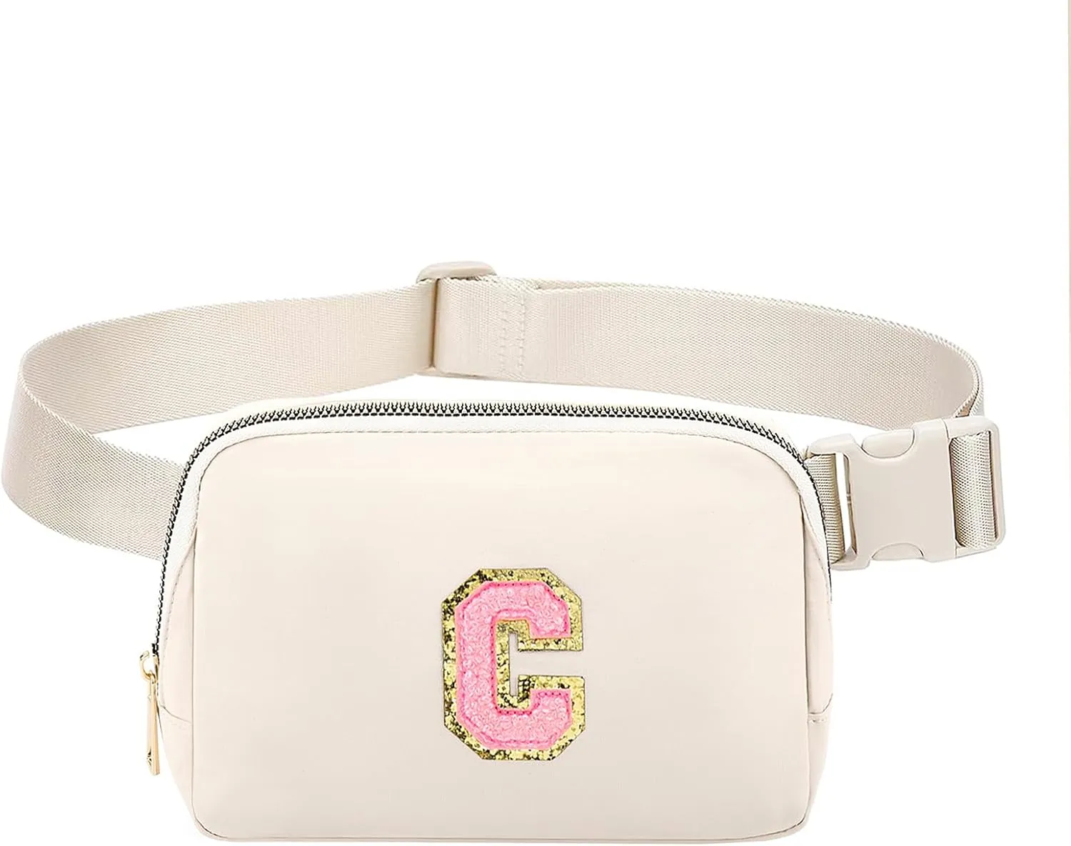 Belt Bag Fany Pack Crossbody Waist Bag with Initial Letter Patch for Women Teen Girl Gift,Bum Purse Punch for Workout Shopping Travel Hiking (Beige-C)
