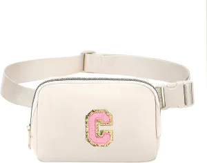 Belt Bag Fany Pack Crossbody Waist Bag with Initial Letter Patch for Women Teen Girl Gift,Bum Purse Punch for Workout Shopping Travel Hiking (Beige-C)
