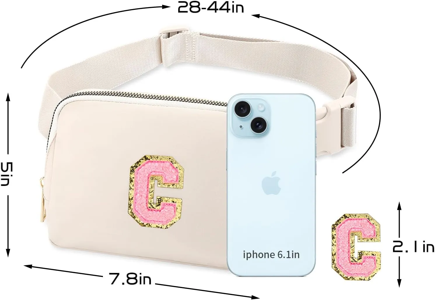 Belt Bag Fany Pack Crossbody Waist Bag with Initial Letter Patch for Women Teen Girl Gift,Bum Purse Punch for Workout Shopping Travel Hiking (Beige-C)