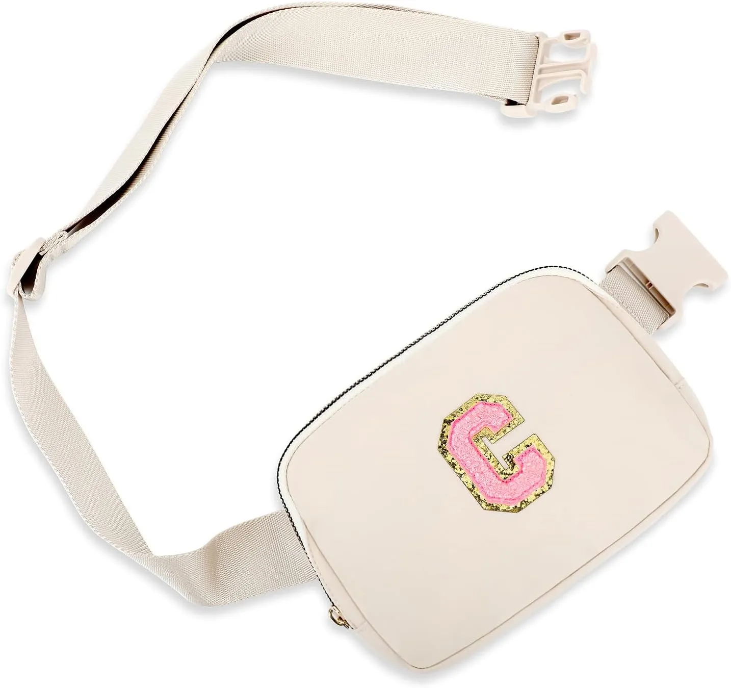 Belt Bag Fany Pack Crossbody Waist Bag with Initial Letter Patch for Women Teen Girl Gift,Bum Purse Punch for Workout Shopping Travel Hiking (Beige-C)