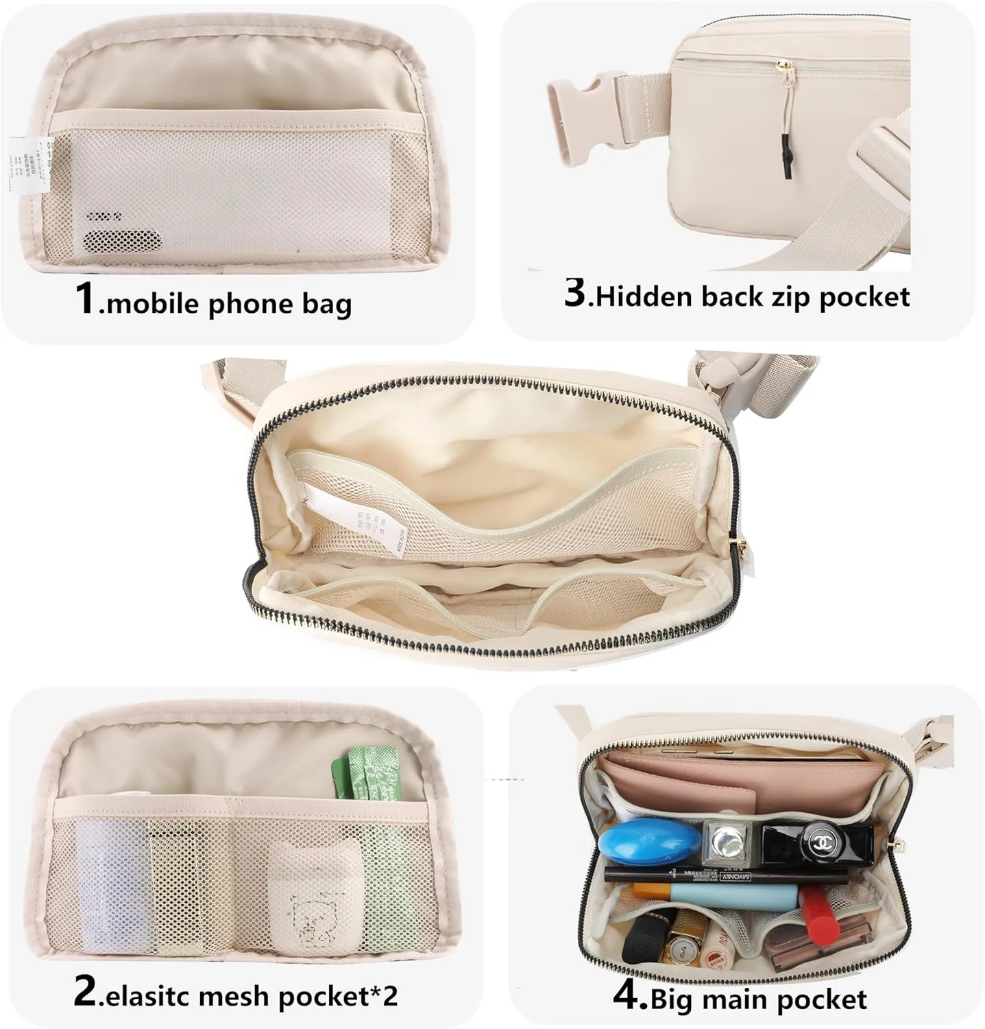 Belt Bag Fany Pack Crossbody Waist Bag with Initial Letter Patch for Women Teen Girl Gift,Bum Purse Punch for Workout Shopping Travel Hiking (Beige-C)
