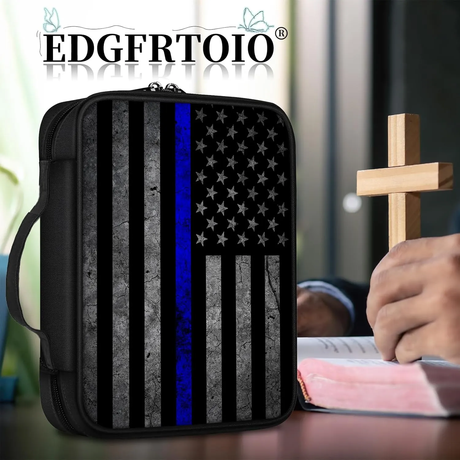 Bible Cover, Thin Blue Line American Flag Bible Case with Handle and Zippered Pocket Standard Size Holy Bible Bag Women Gifts, Church Bag Portable Bible Carrying Book Case for Bible Study