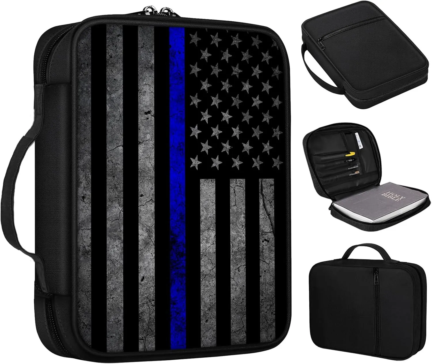 Bible Cover, Thin Blue Line American Flag Bible Case with Handle and Zippered Pocket Standard Size Holy Bible Bag Women Gifts, Church Bag Portable Bible Carrying Book Case for Bible Study
