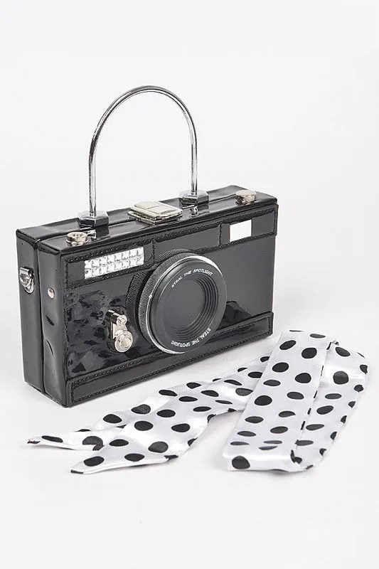 Black Scarf Handle Camera Convertible Clutch