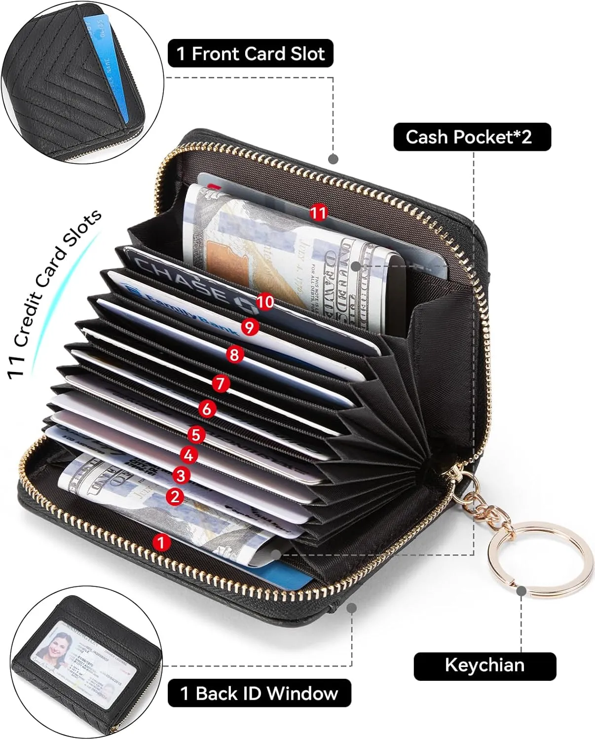 BOSTANTEN Credit Card Holder Wallet RFID Blocking Leather Small Wallet for Women Zipper Keychain Wallet with Wristlet Black