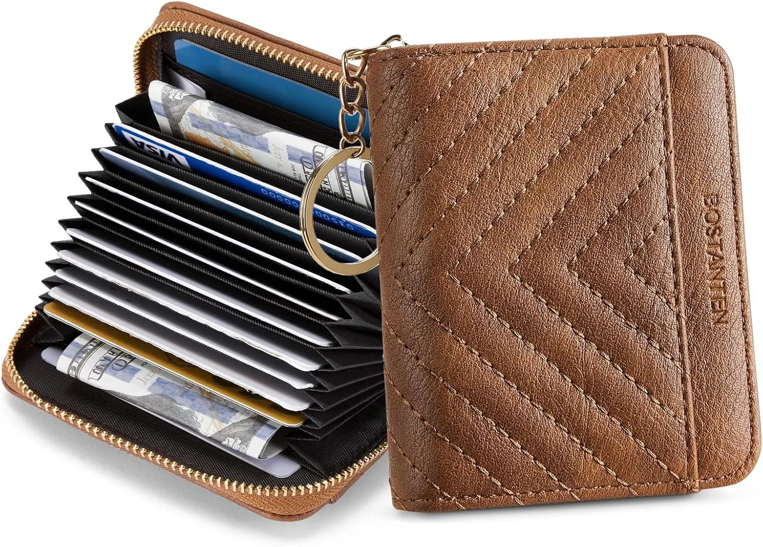 BOSTANTEN Credit Card Holder Wallet RFID Blocking Leather Small Wallet for Women Zipper Keychain Wallet with Wristlet Brown