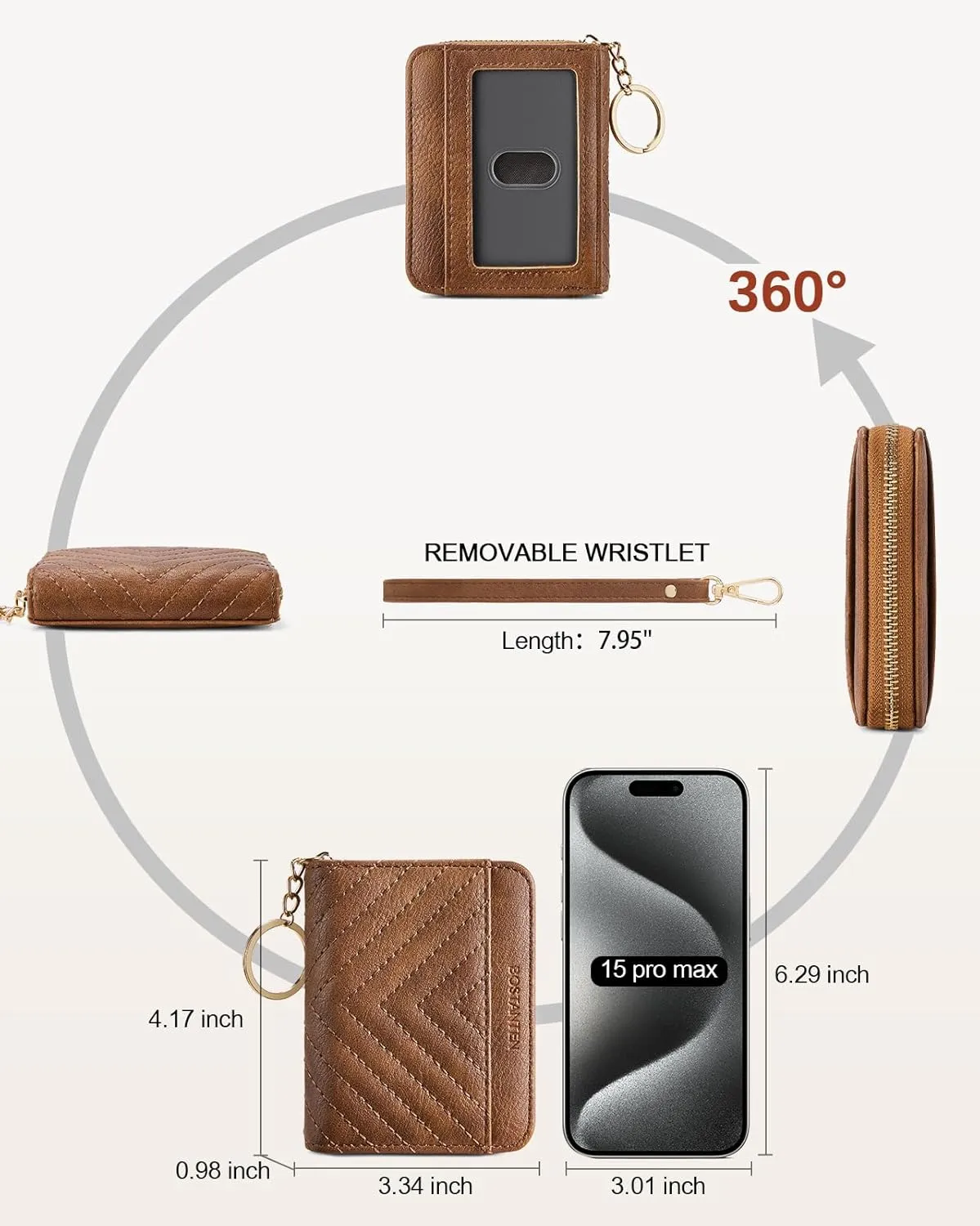 BOSTANTEN Credit Card Holder Wallet RFID Blocking Leather Small Wallet for Women Zipper Keychain Wallet with Wristlet Brown