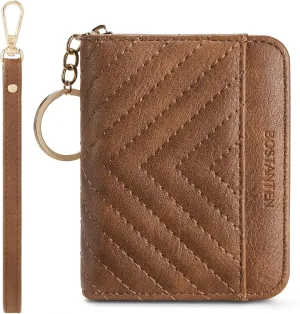 BOSTANTEN Credit Card Holder Wallet RFID Blocking Leather Small Wallet for Women Zipper Keychain Wallet with Wristlet Brown