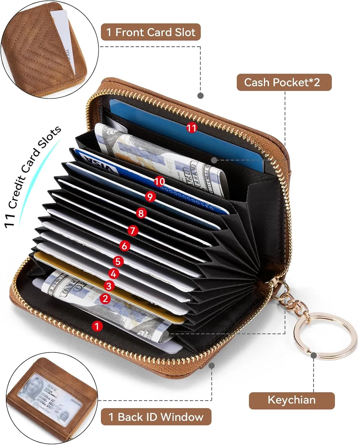 BOSTANTEN Credit Card Holder Wallet RFID Blocking Leather Small Wallet for Women Zipper Keychain Wallet with Wristlet Brown