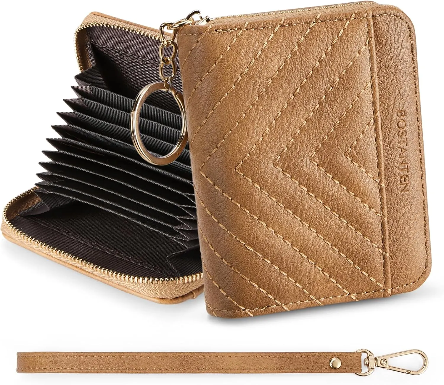 BOSTANTEN Credit Card Holder Wallet RFID Blocking Leather Small Wallet for Women Zipper Keychain Wallet with Wristlet Camel