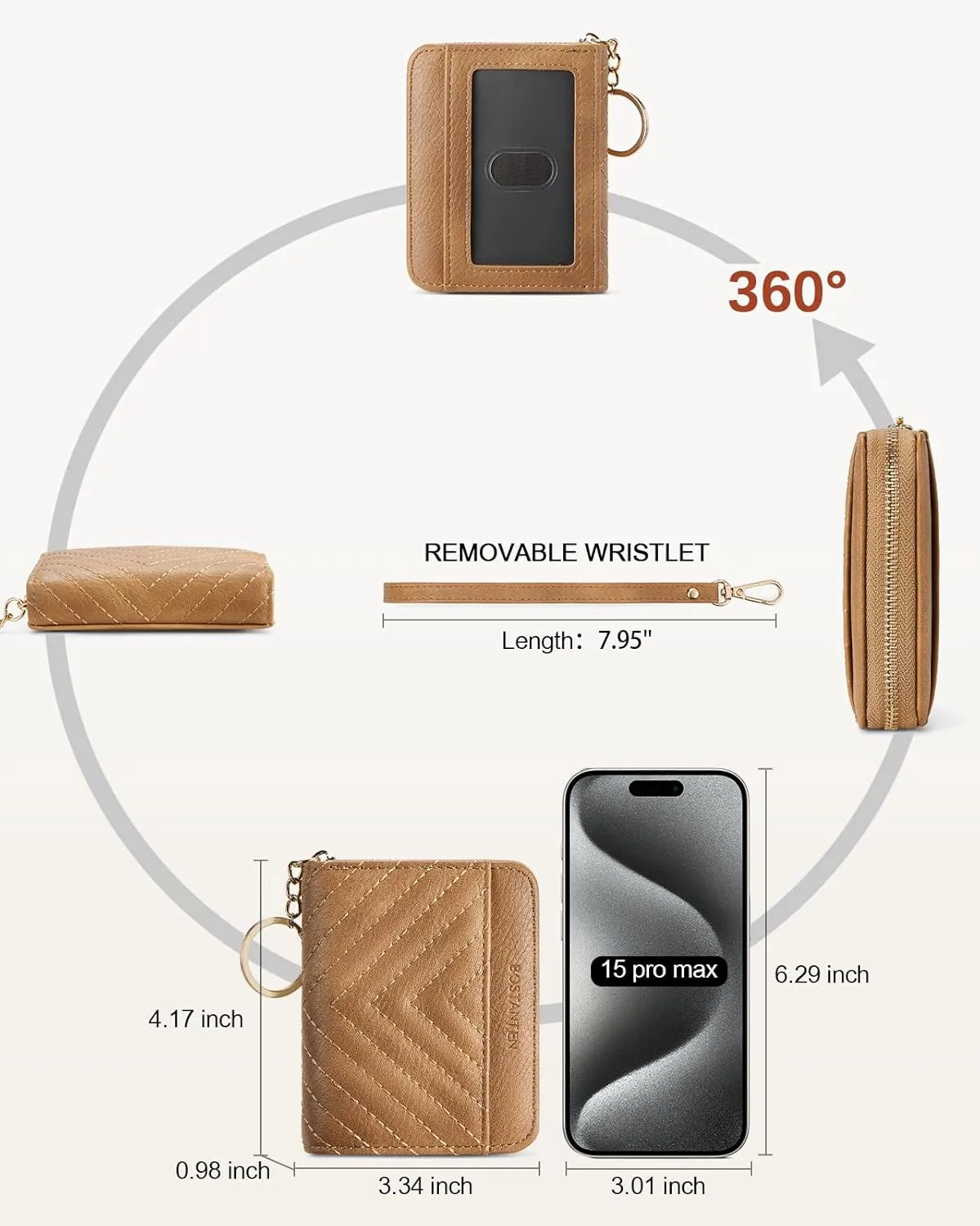 BOSTANTEN Credit Card Holder Wallet RFID Blocking Leather Small Wallet for Women Zipper Keychain Wallet with Wristlet Camel