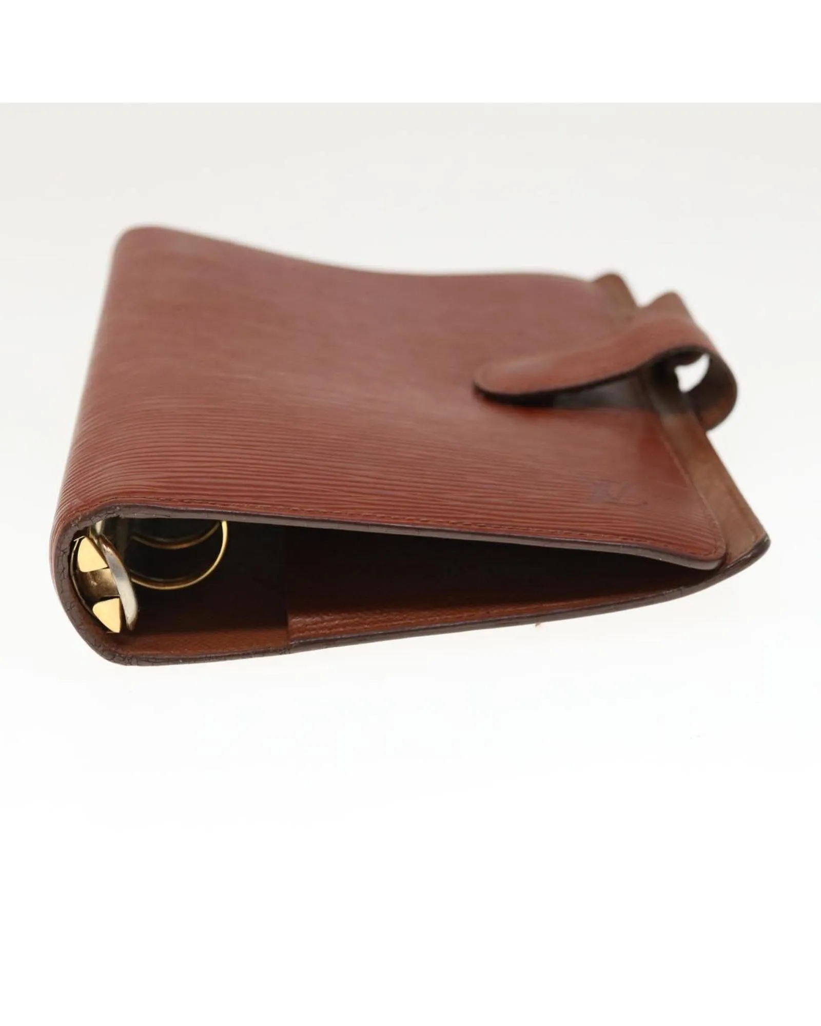 Brown Epi Leather Day Planner Cover with Button Clasp and Agenda Ring Gaps