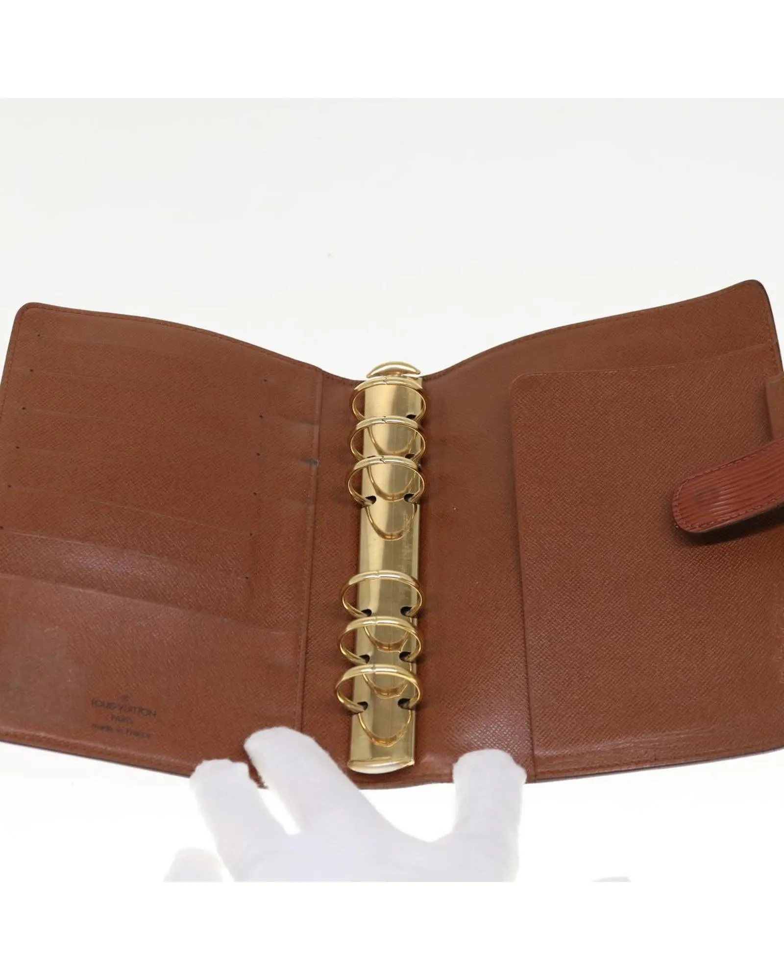 Brown Epi Leather Day Planner Cover with Button Clasp and Agenda Ring Gaps