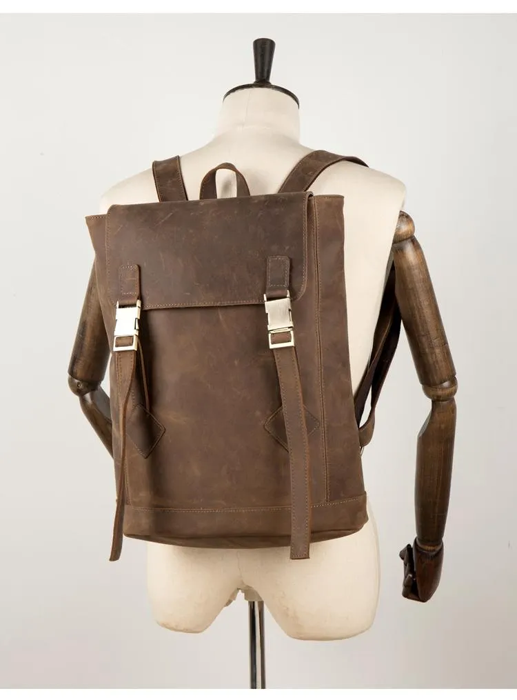 Casual Dark Brown Leather Mens 14 inches School Backpacks Satchel Backpack Computer Backpack for Men