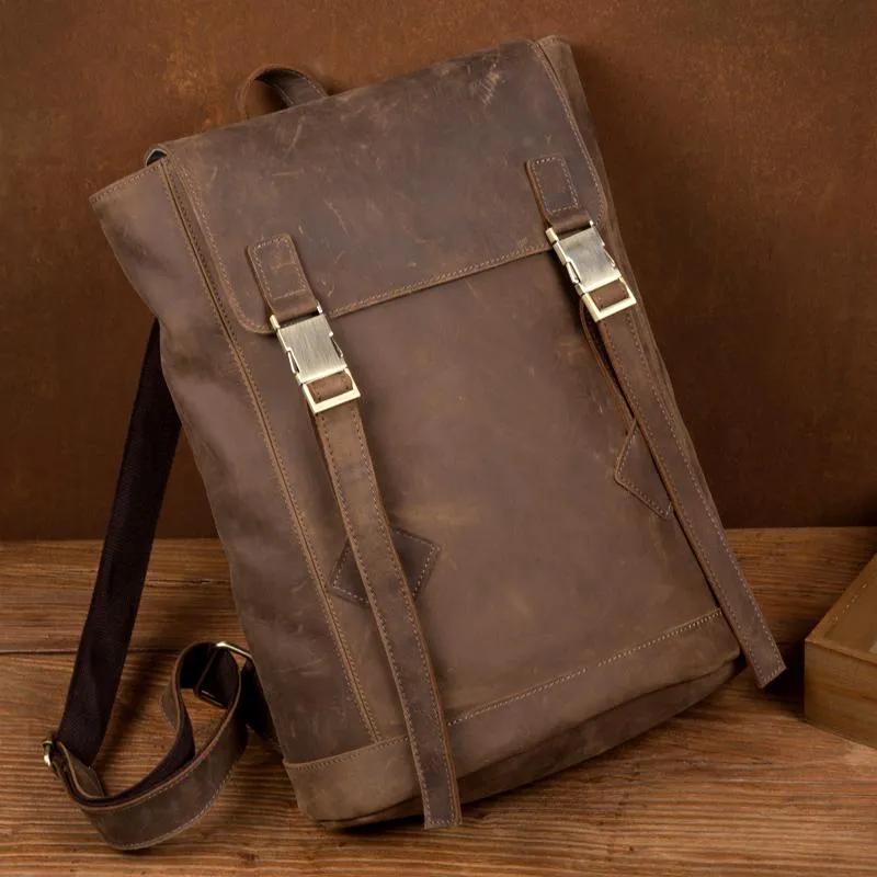 Casual Dark Brown Leather Mens 14 inches School Backpacks Satchel Backpack Computer Backpack for Men