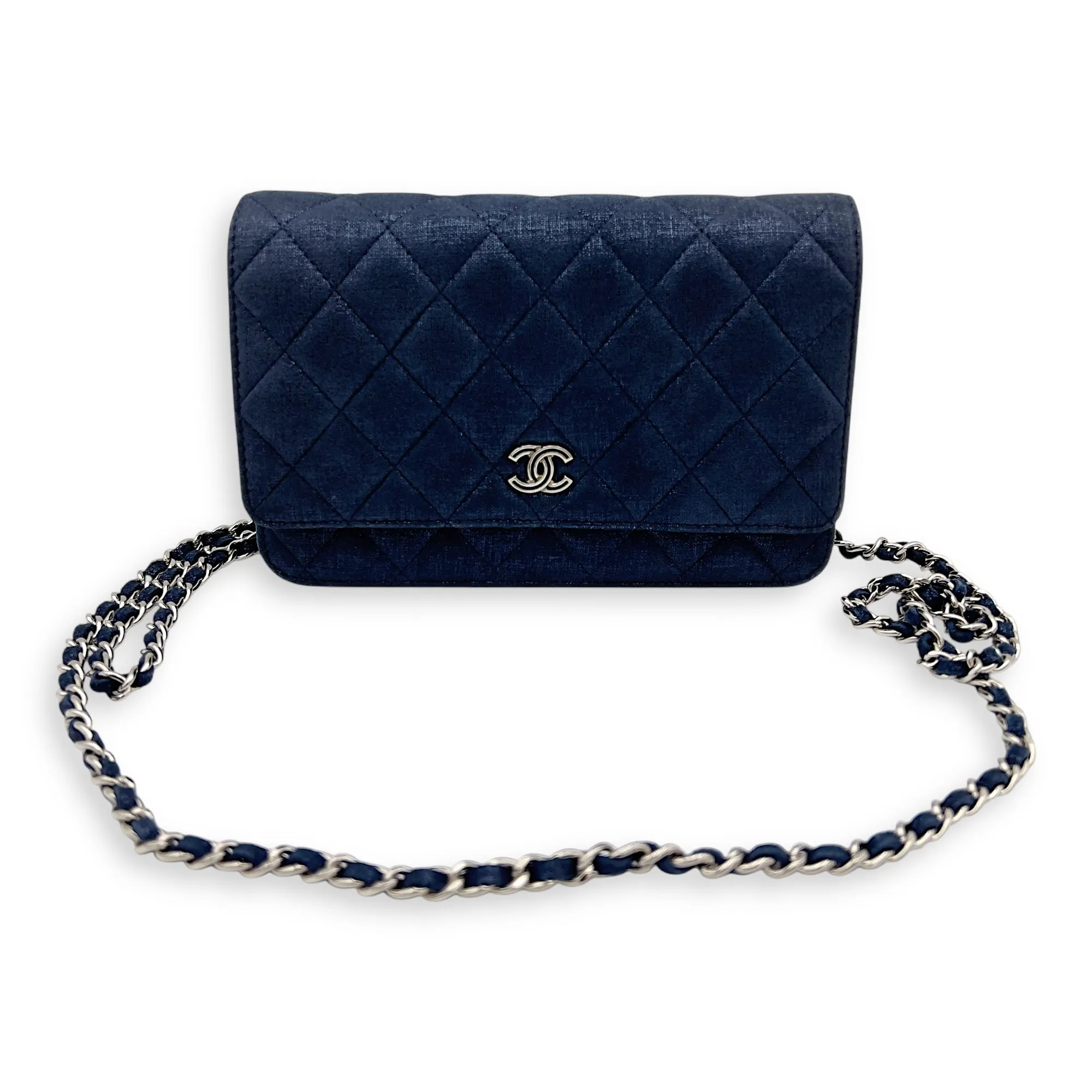 CC Blue Wallet On Chain in Nubuck, Silver hardware