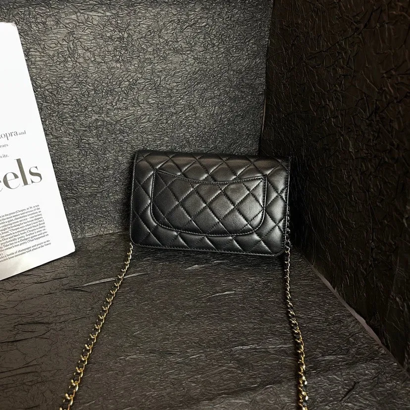Chanel Black Gold WOC Crossbody Bag Quilted Leather Chain Strap
