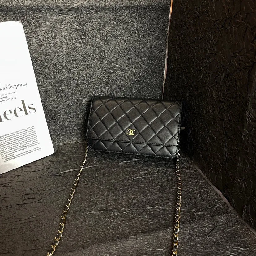 Chanel Black Gold WOC Crossbody Bag Quilted Leather Chain Strap