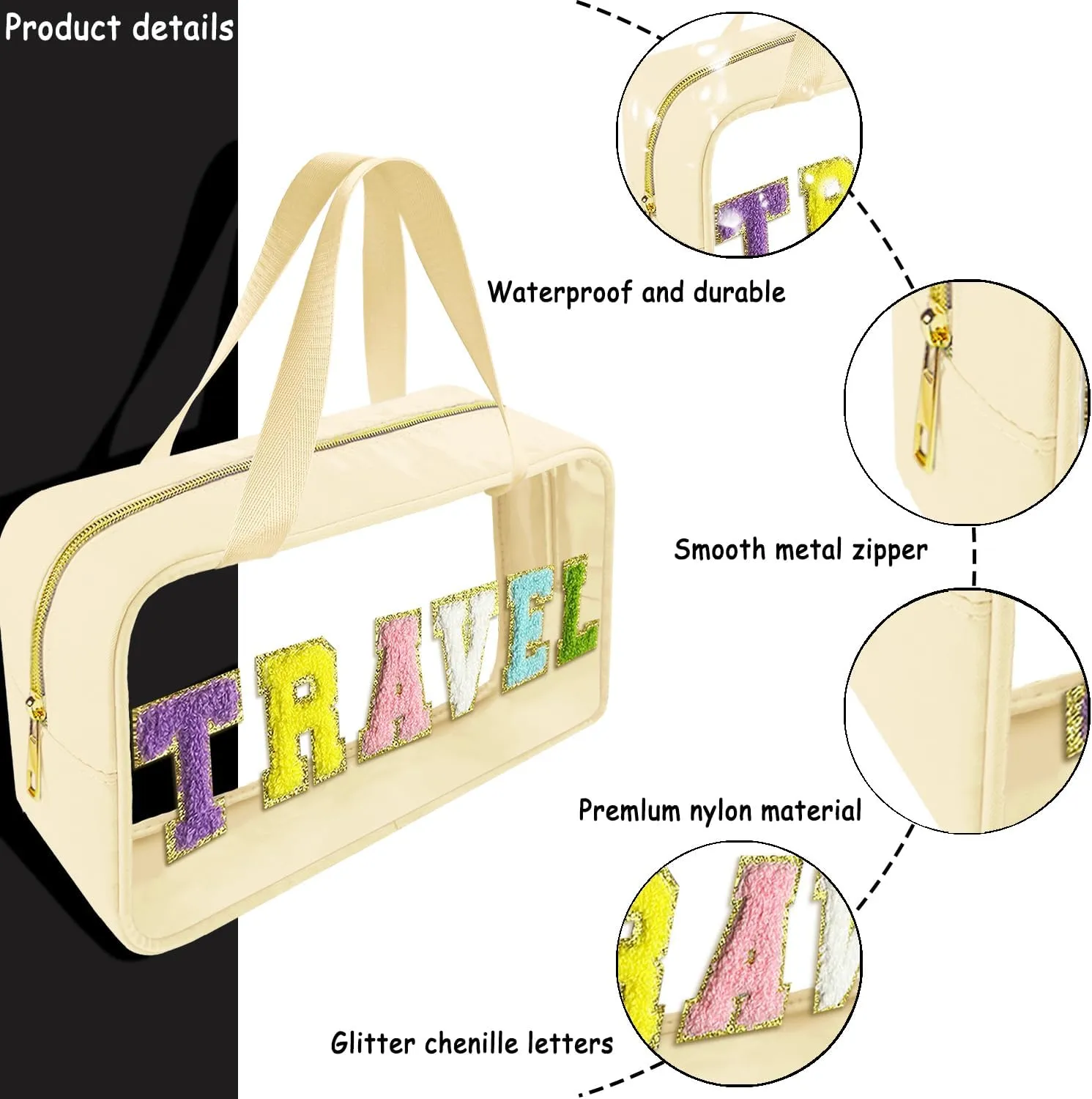 Chenille Letter Clear Makeup Bag Travel Patch, Travel Toiletry Makeup Bag with Handle, Nylon Waterproof Makeup Bags clear cosmetic bag, preppy patch makeup bag for Women (TRAVEL-Beige)