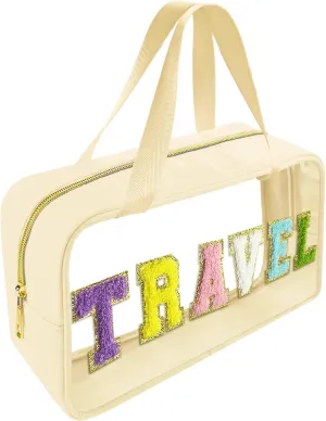 Chenille Letter Clear Makeup Bag Travel Patch, Travel Toiletry Makeup Bag with Handle, Nylon Waterproof Makeup Bags clear cosmetic bag, preppy patch makeup bag for Women (TRAVEL-Beige)
