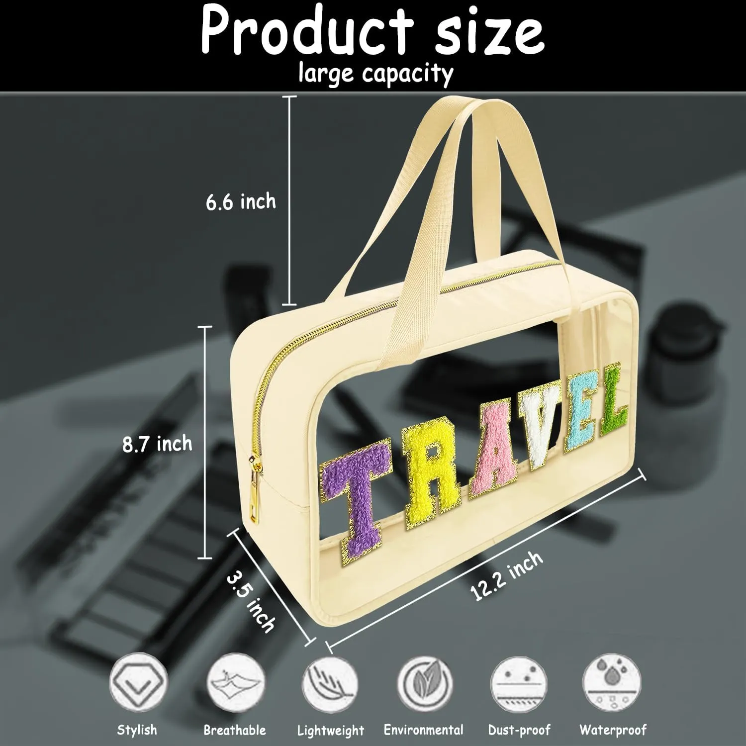 Chenille Letter Clear Makeup Bag Travel Patch, Travel Toiletry Makeup Bag with Handle, Nylon Waterproof Makeup Bags clear cosmetic bag, preppy patch makeup bag for Women (TRAVEL-Beige)