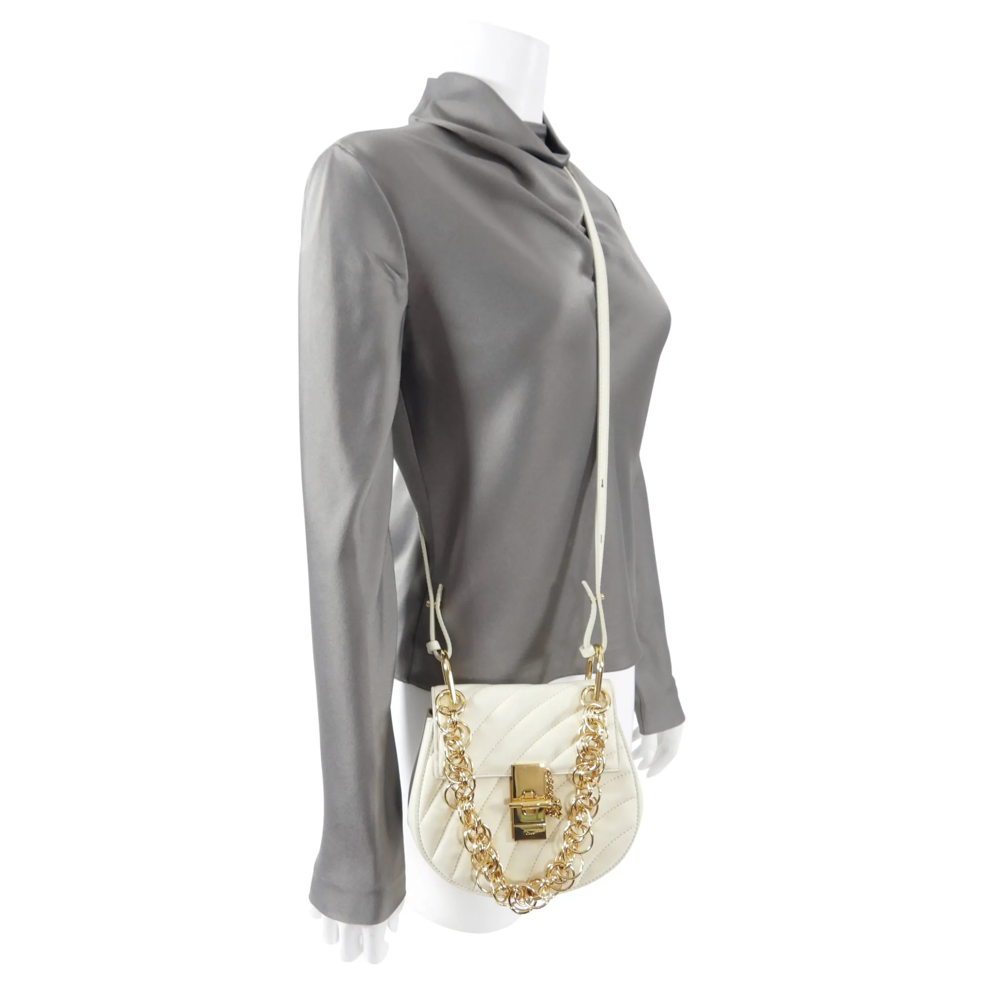 Chloe Drew Bijoux Small Ivory Quilted Chain Crossbody Bag