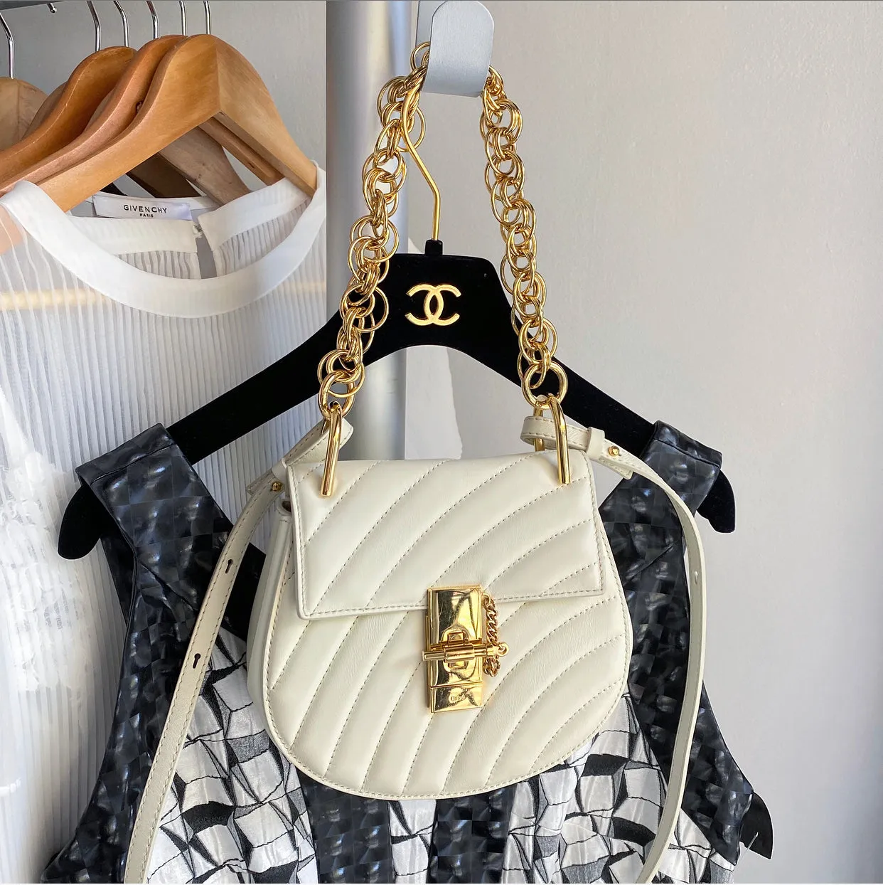 Chloe Drew Bijoux Small Ivory Quilted Chain Crossbody Bag