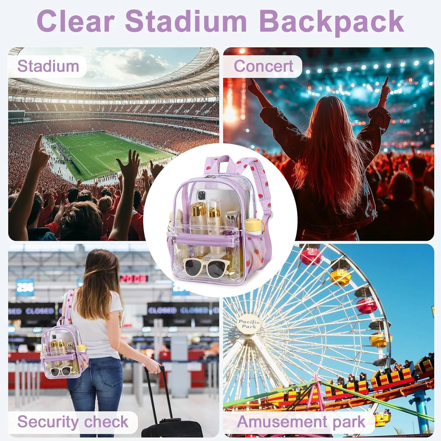 Clear Mini Backpack for Stadium Events 12x12x6 Small Transparent Backpacks Plastic See Through Clear Bag for Concerts Work (C-Red Strawberry Beige)