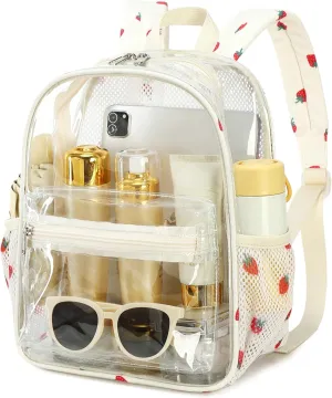 Clear Mini Backpack for Stadium Events 12x12x6 Small Transparent Backpacks Plastic See Through Clear Bag for Concerts Work (C-Red Strawberry Beige)