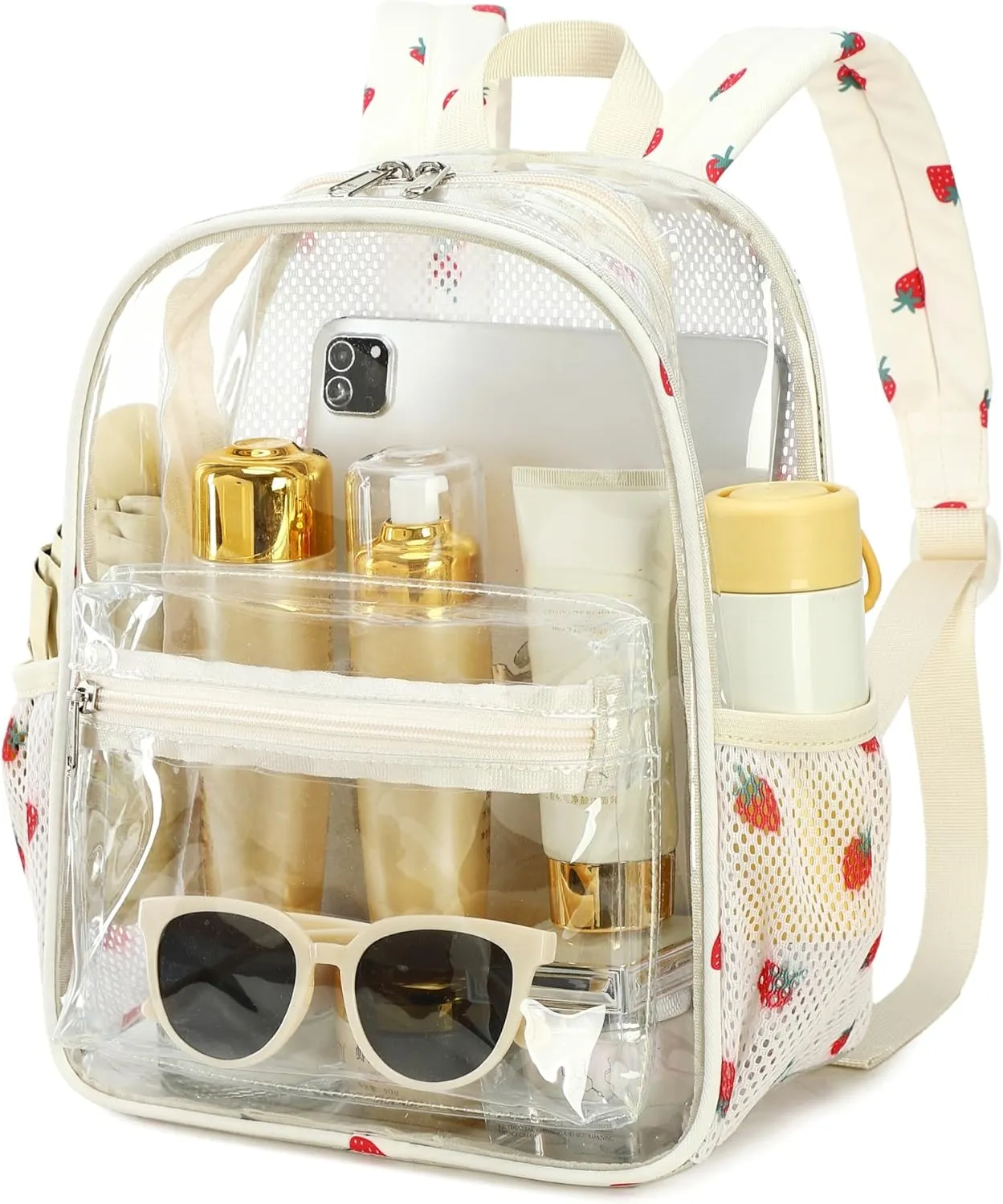 Clear Mini Backpack for Stadium Events 12x12x6 Small Transparent Backpacks Plastic See Through Clear Bag for Concerts Work (C-Red Strawberry Beige)
