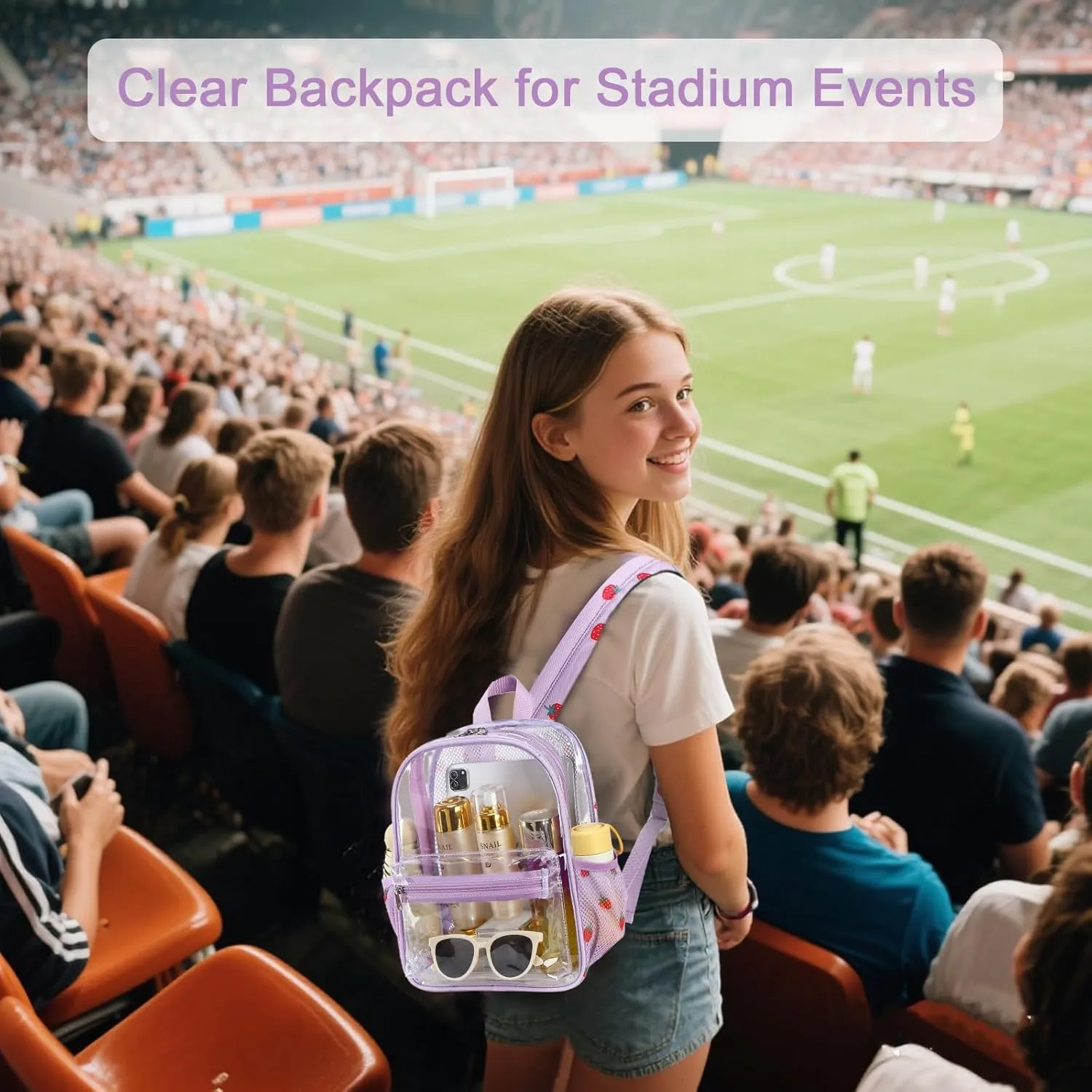 Clear Mini Backpack for Stadium Events 12x12x6 Small Transparent Backpacks Plastic See Through Clear Bag for Concerts Work (C-Red Strawberry Beige)