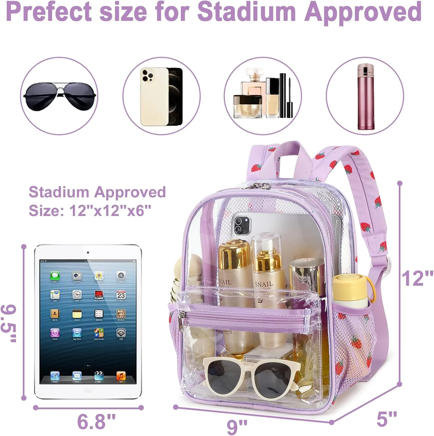 Clear Mini Backpack for Stadium Events 12x12x6 Small Transparent Backpacks Plastic See Through Clear Bag for Concerts Work (C-Red Strawberry Beige)