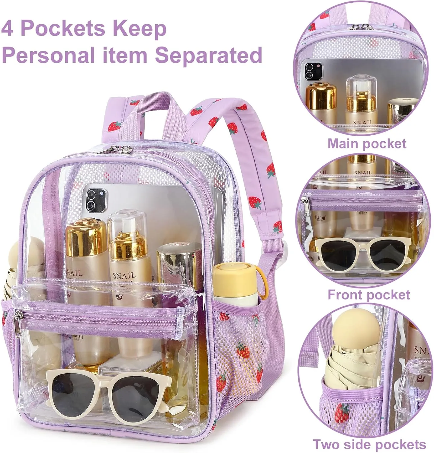 Clear Mini Backpack for Stadium Events 12x12x6 Small Transparent Backpacks Plastic See Through Clear Bag for Concerts Work (C-Red Strawberry Beige)