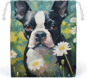 Cute Boston Terrier Dog Watercolor Drawstring Storage Bag Canvas Stuff Sack Christmas Gift Pouch Laundry Bags Reusable Cloth Shoe Bags 20 * 25cm