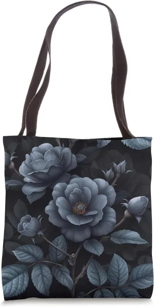 Dark Gray Roses Flowers Pattern Monochrome Tote Bag