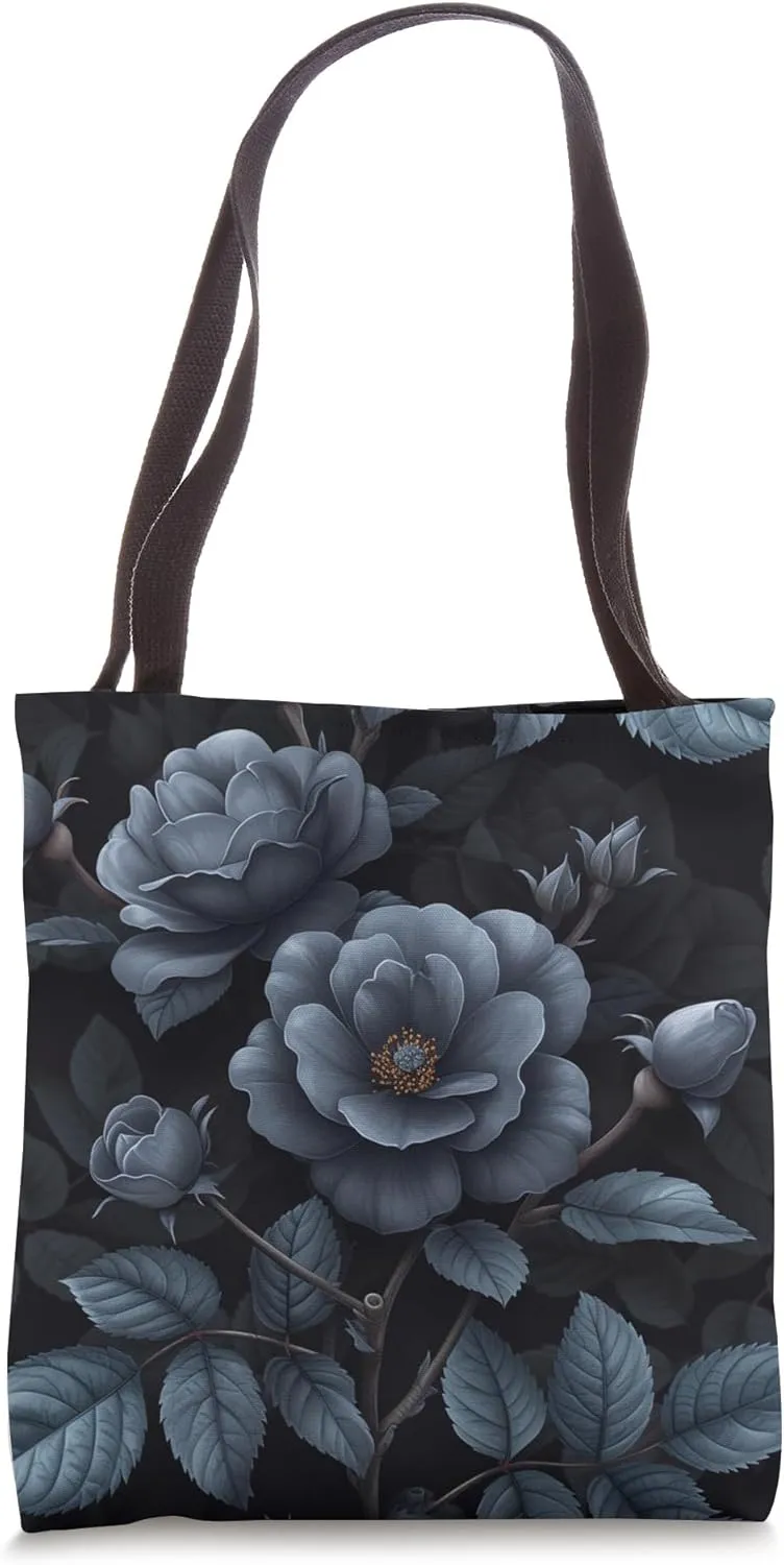 Dark Gray Roses Flowers Pattern Monochrome Tote Bag