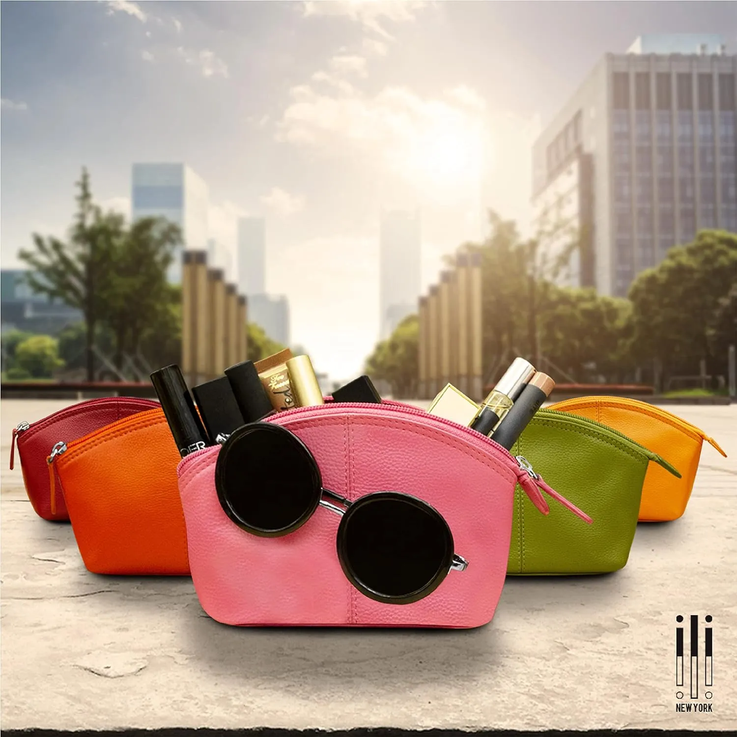 ili New York Genuine Leather Cosmetic Pouch  RFID Blocking, Leather Makeup Bag for Purse with Top Zip Closure & Interior Zip Pocket, Perfect as a Compact and Stylish Travel Cosmetic Bag
