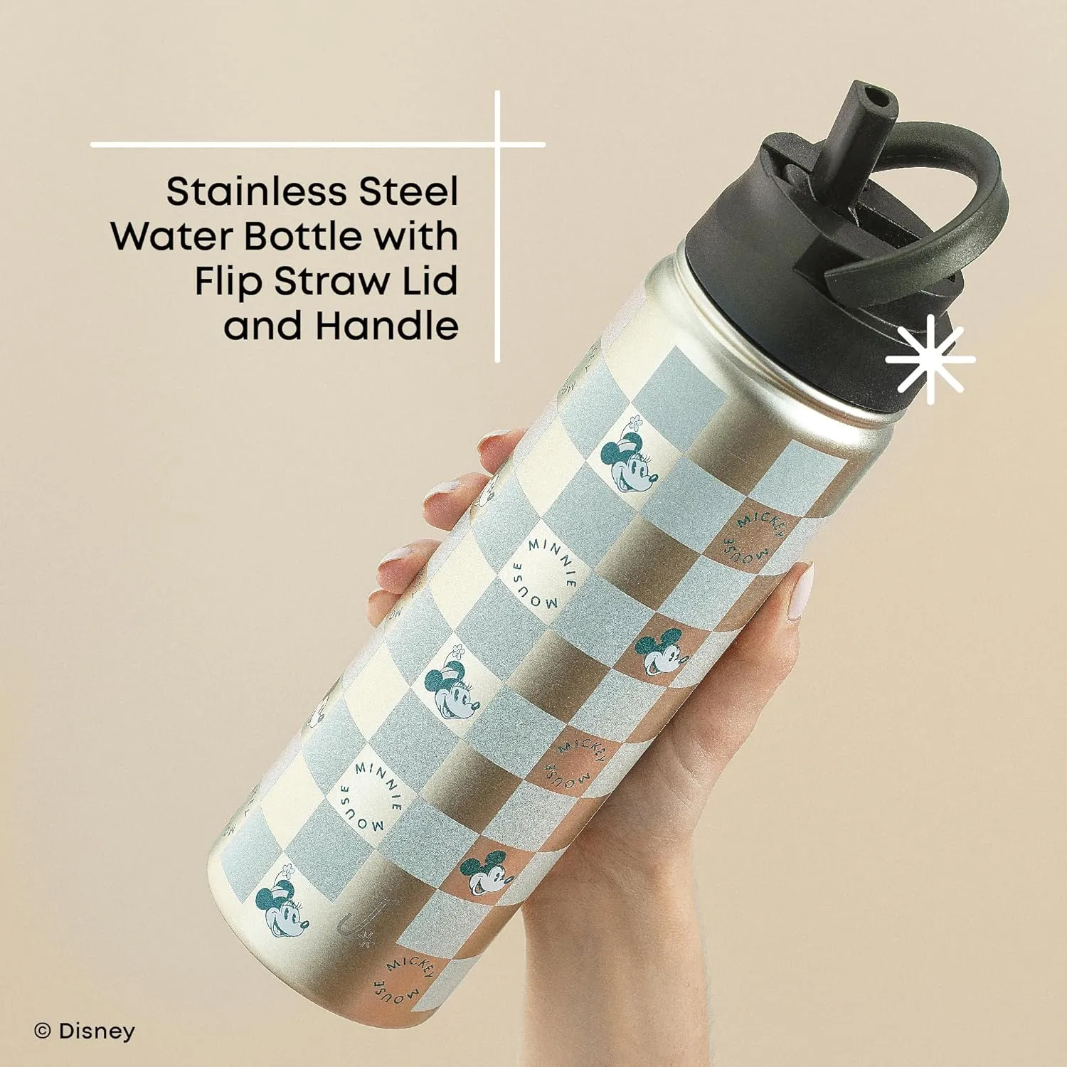JoyJolt Disney Retro Vintage Stainless Steel Water Bottle ft Mickey & Minnie Mouse, Reusable 22oz Vacuum Insulated Water Bottle Tumbler with Leak Proof Flip Straw Lid and Handle, Lead & BPA Free