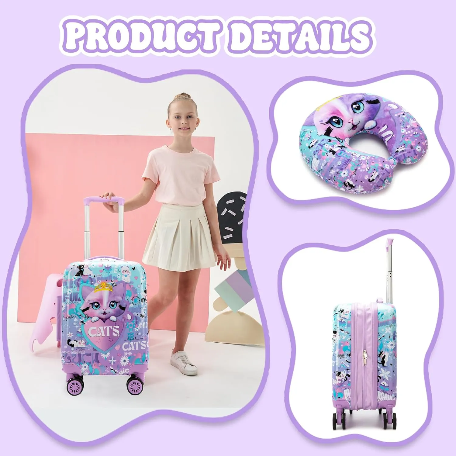Kid's Cute Cat Luggage Set 3 Piece Suitcase Set 16" Hardside Luggage with Spinner Wheels Girls Carry on Toddler Suitcase with Travel Duffle Bag Airline Approved