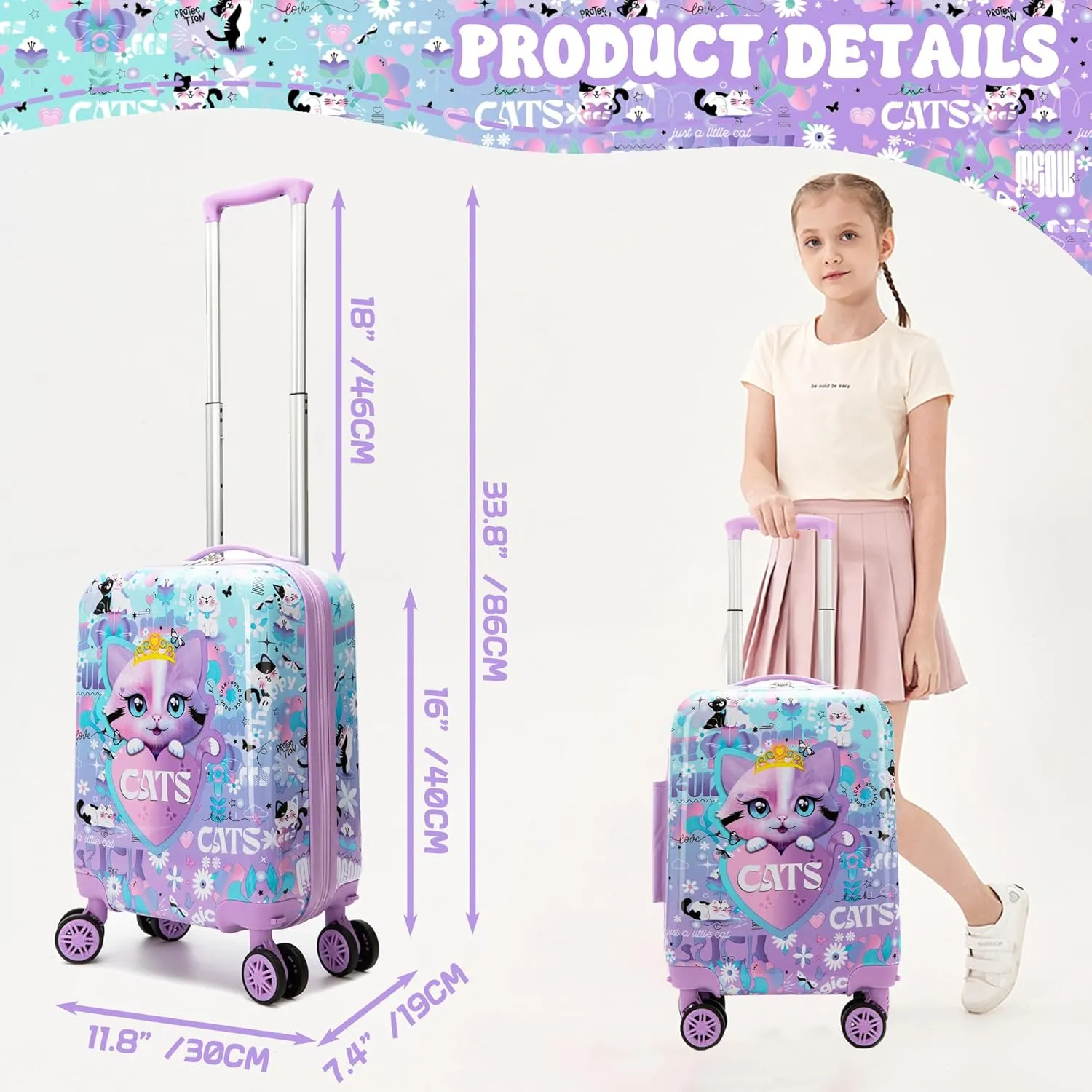 Kid's Cute Cat Luggage Set 3 Piece Suitcase Set 16" Hardside Luggage with Spinner Wheels Girls Carry on Toddler Suitcase with Travel Duffle Bag Airline Approved