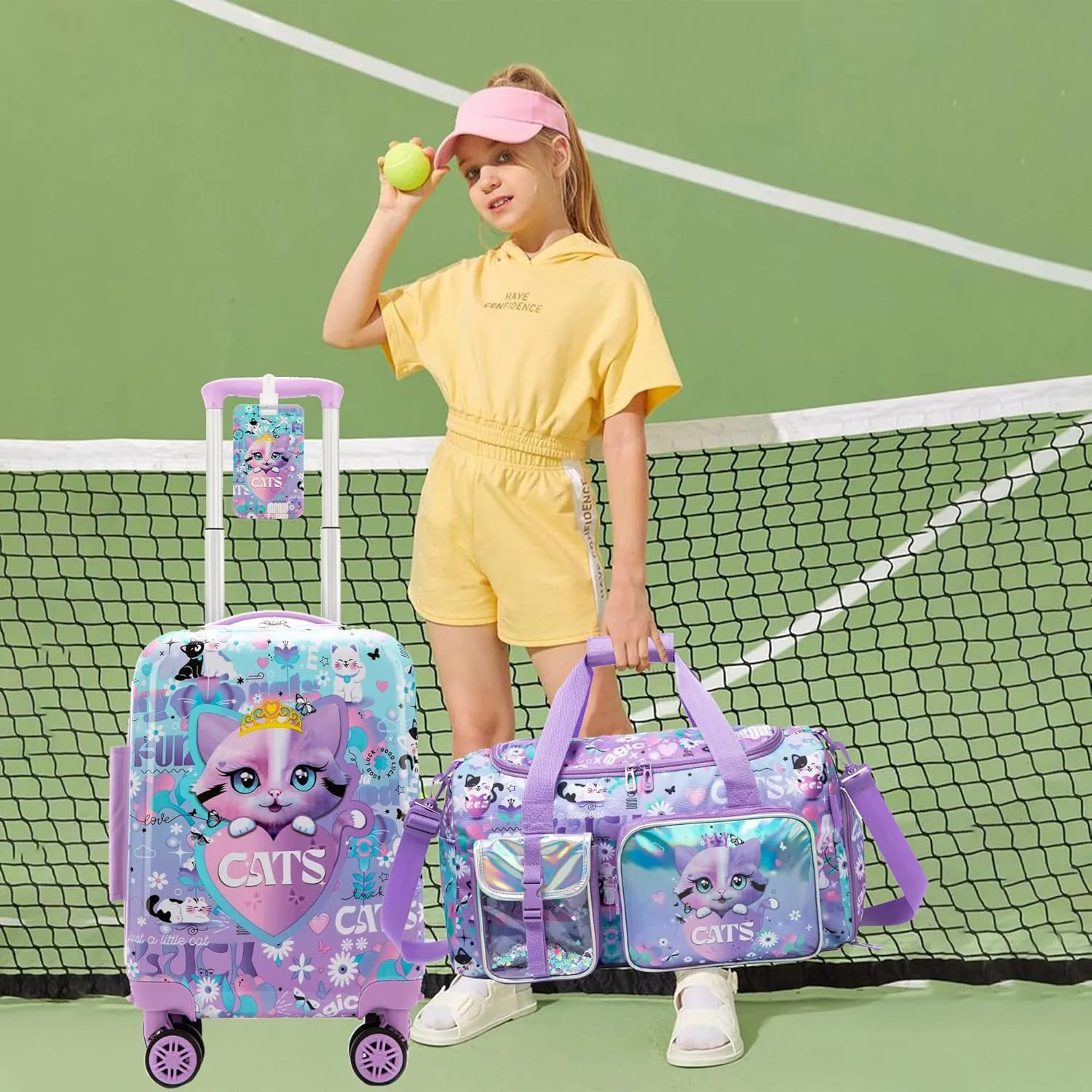Kid's Cute Cat Luggage Set 3 Piece Suitcase Set 16" Hardside Luggage with Spinner Wheels Girls Carry on Toddler Suitcase with Travel Duffle Bag Airline Approved