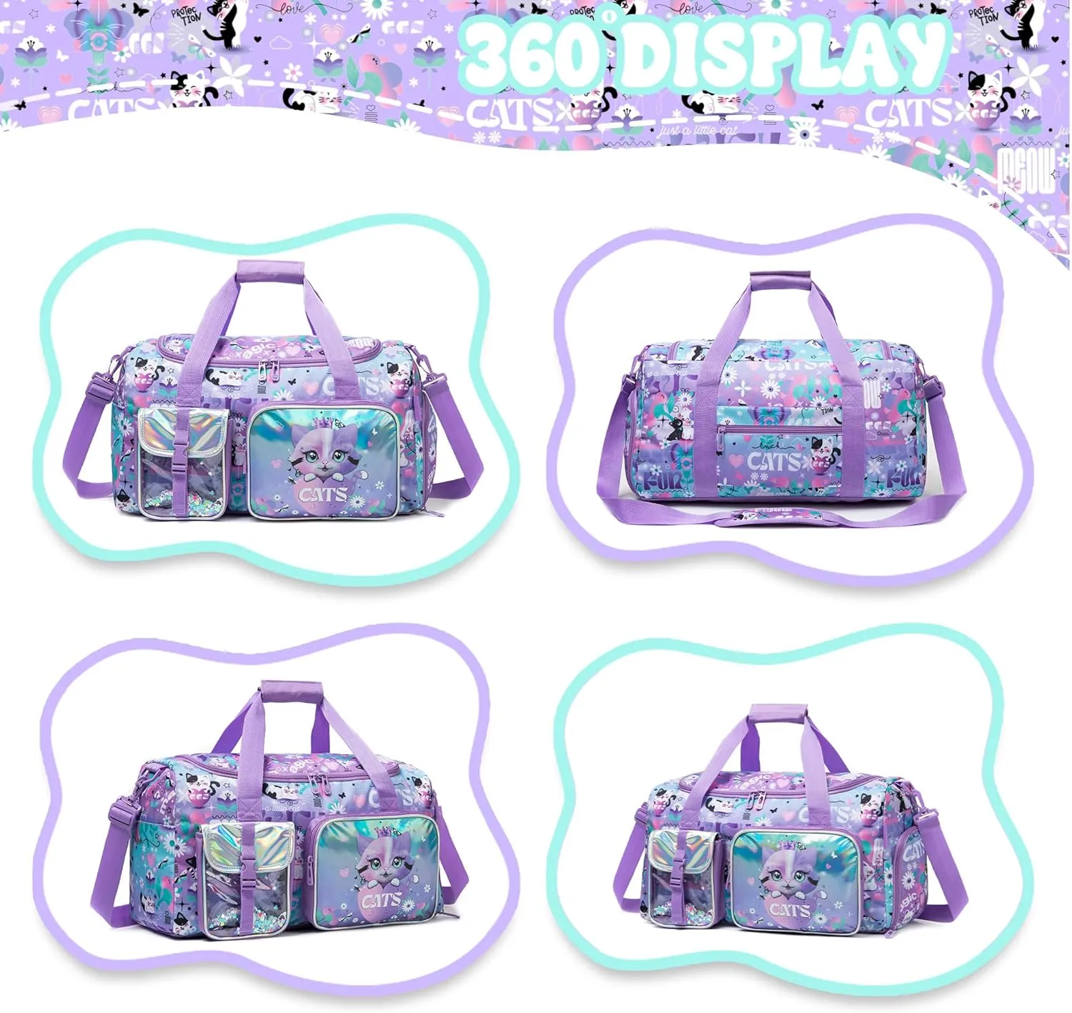 Kid's Cute Cat Luggage Set 3 Piece Suitcase Set 16" Hardside Luggage with Spinner Wheels Girls Carry on Toddler Suitcase with Travel Duffle Bag Airline Approved