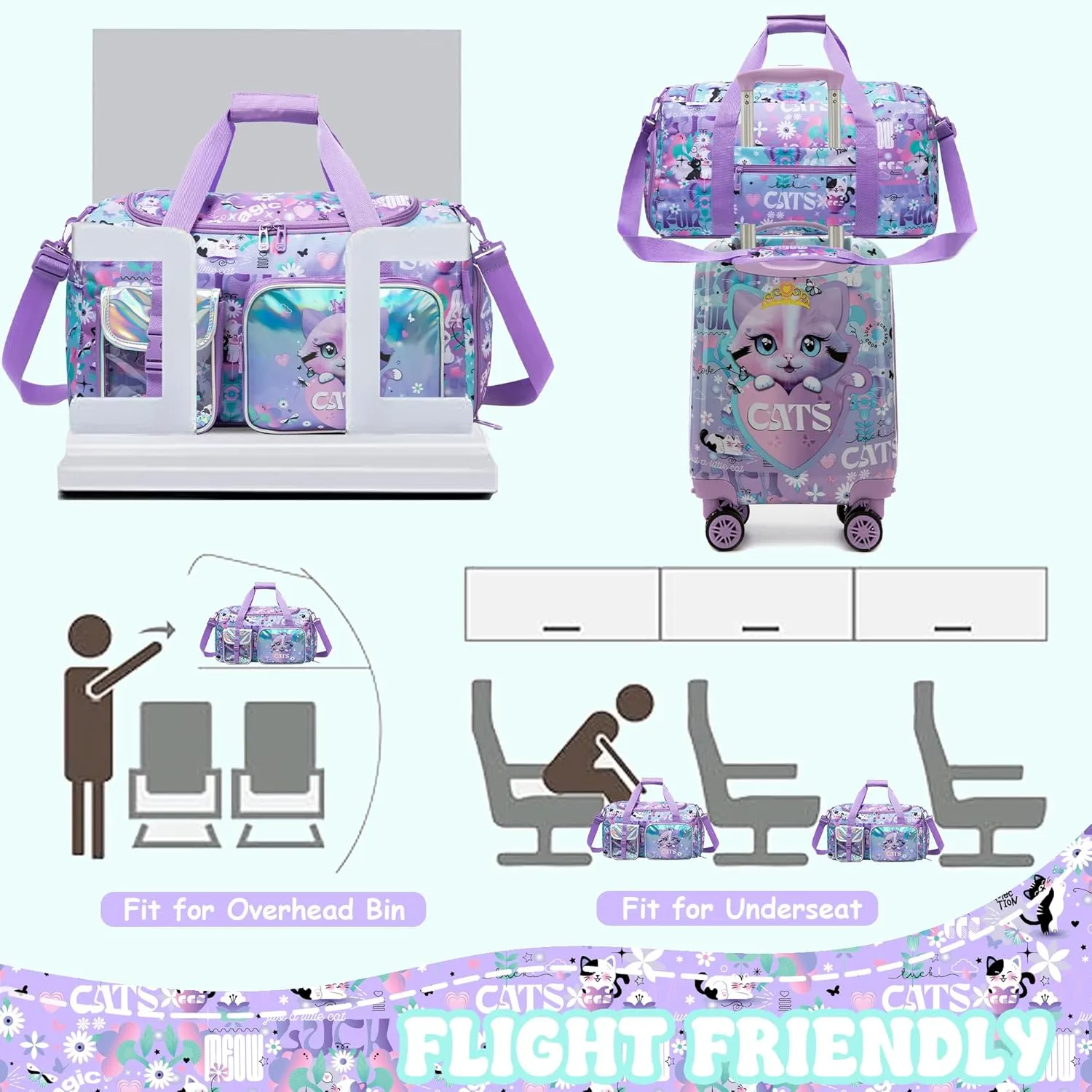 Kid's Cute Cat Luggage Set 3 Piece Suitcase Set 16" Hardside Luggage with Spinner Wheels Girls Carry on Toddler Suitcase with Travel Duffle Bag Airline Approved