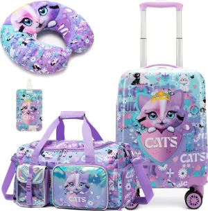 Kid's Cute Cat Luggage Set 3 Piece Suitcase Set 16" Hardside Luggage with Spinner Wheels Girls Carry on Toddler Suitcase with Travel Duffle Bag Airline Approved