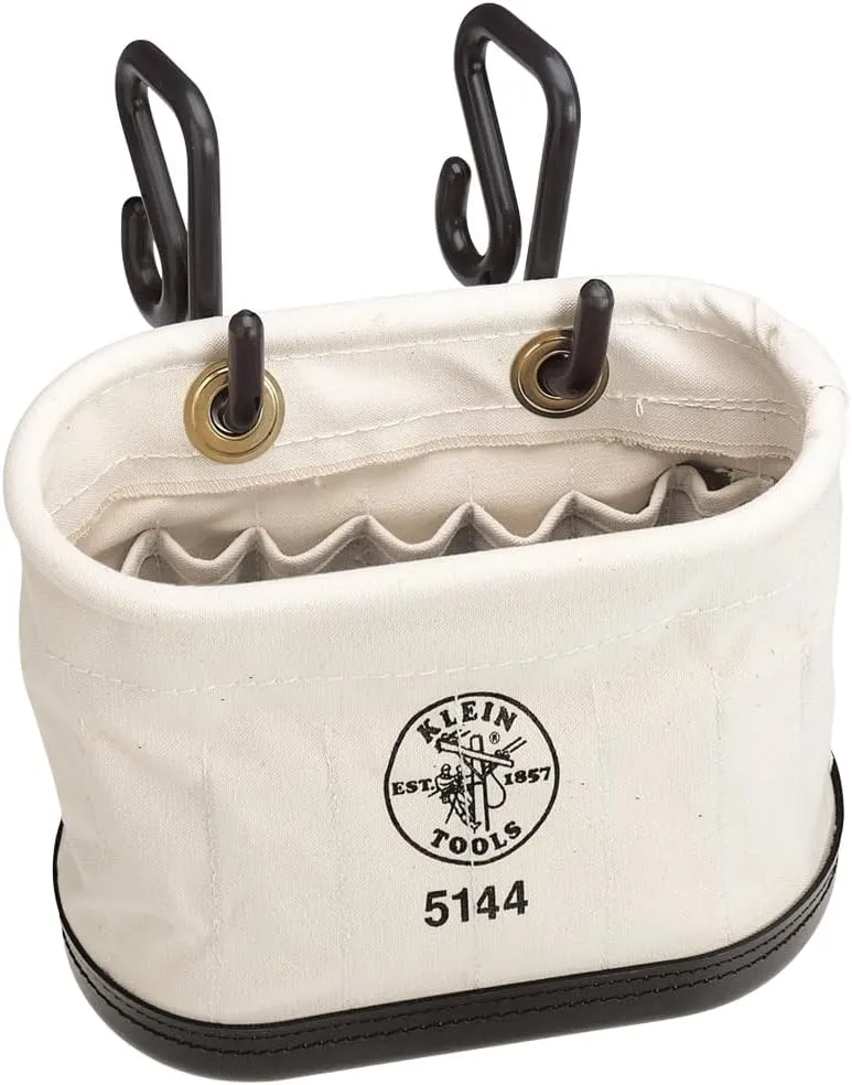 Klein Tools 5144 Canvas Bucket, Aerial Oval Tool Bucket with Black Molded Polypropylene Bottom, Includes Hooks, 15 Pockets