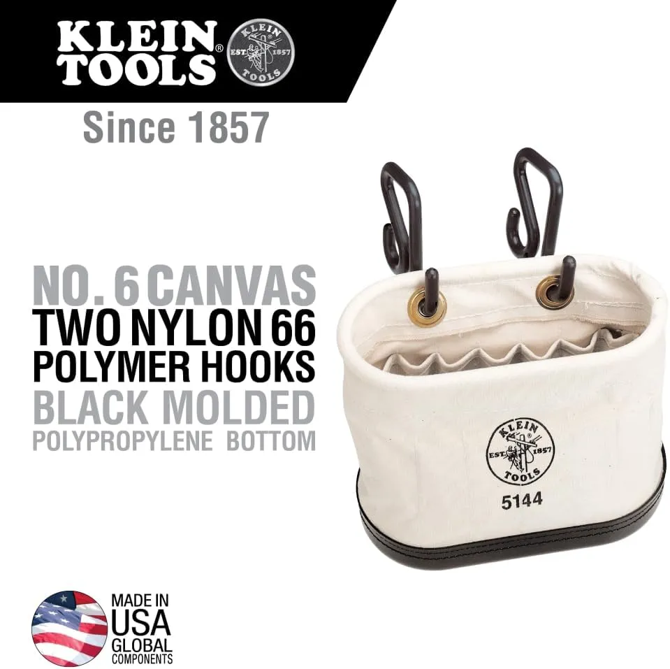 Klein Tools 5144 Canvas Bucket, Aerial Oval Tool Bucket with Black Molded Polypropylene Bottom, Includes Hooks, 15 Pockets