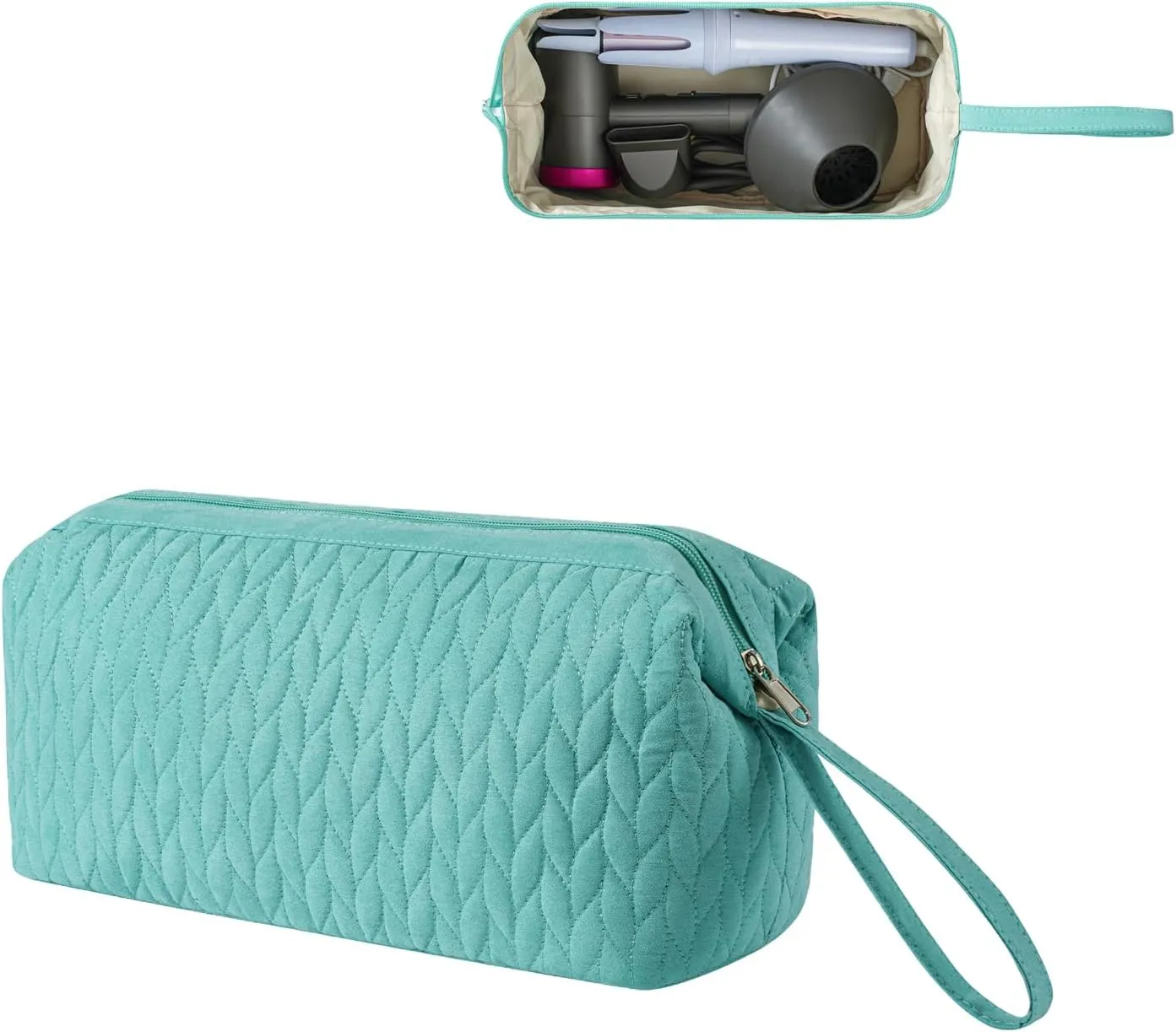 Large Quilted Cotton Portable Hair Tools Organizer Bag with Handle, Travel Hair Styling Accessories Storage Case for Flat Irons,Straightener,Curling Iron,Hair Dryer(Blue)